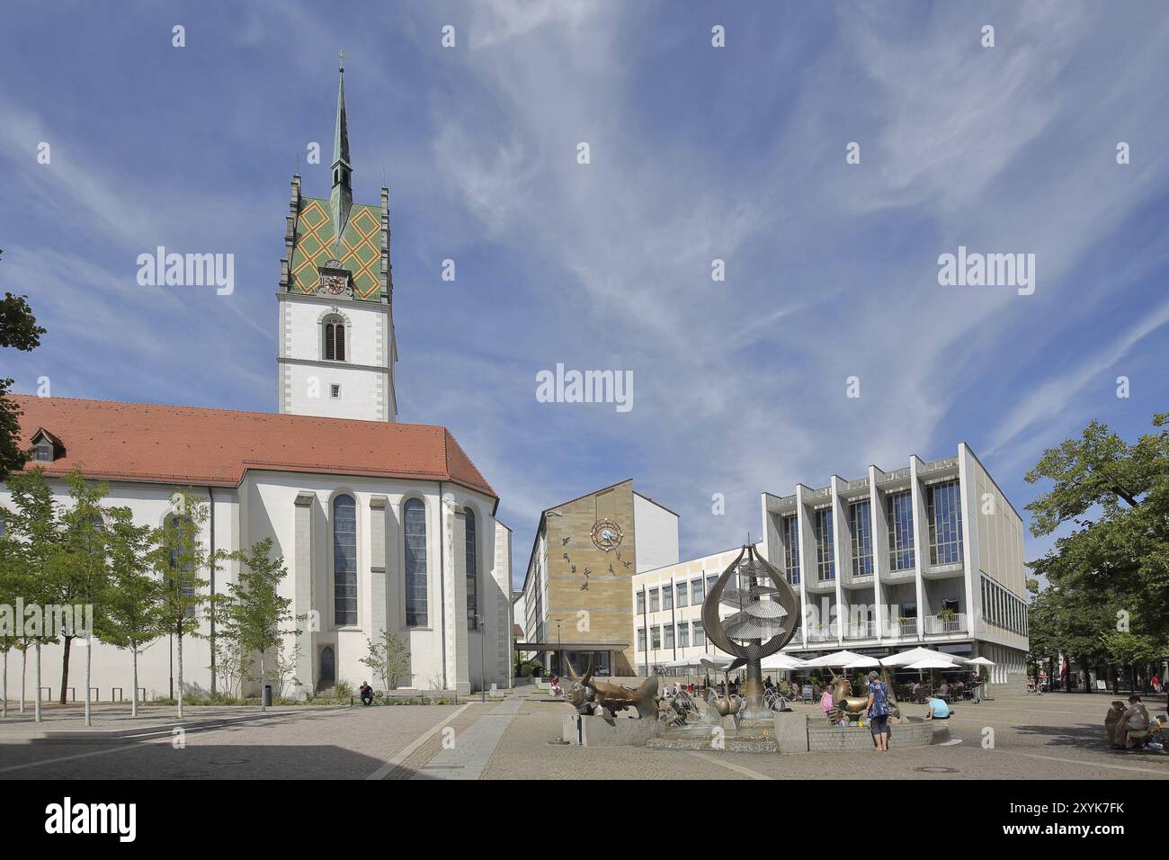 Chiesa di San Nicola, Municipio e Fontana di Buchhorn, Fontana, popolo, Adenauerplatz, Friedrichshafen, Obersee, lago di Costanza, zona del lago di Costanza, Foto Stock