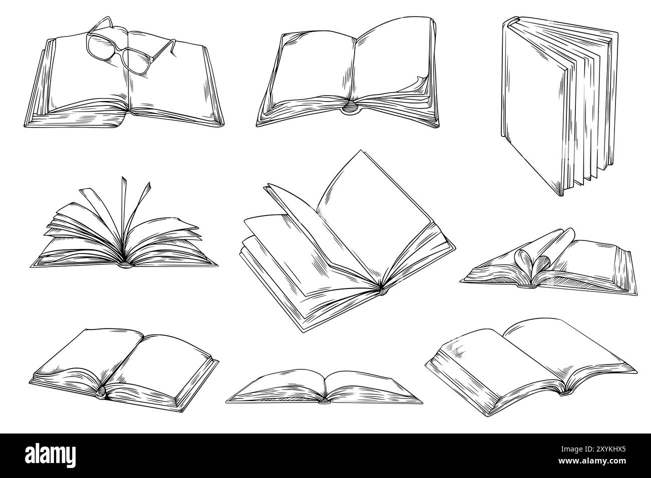 Libri aperti, pacchetto illustrazione schizzo linea disegnata a mano Foto Stock