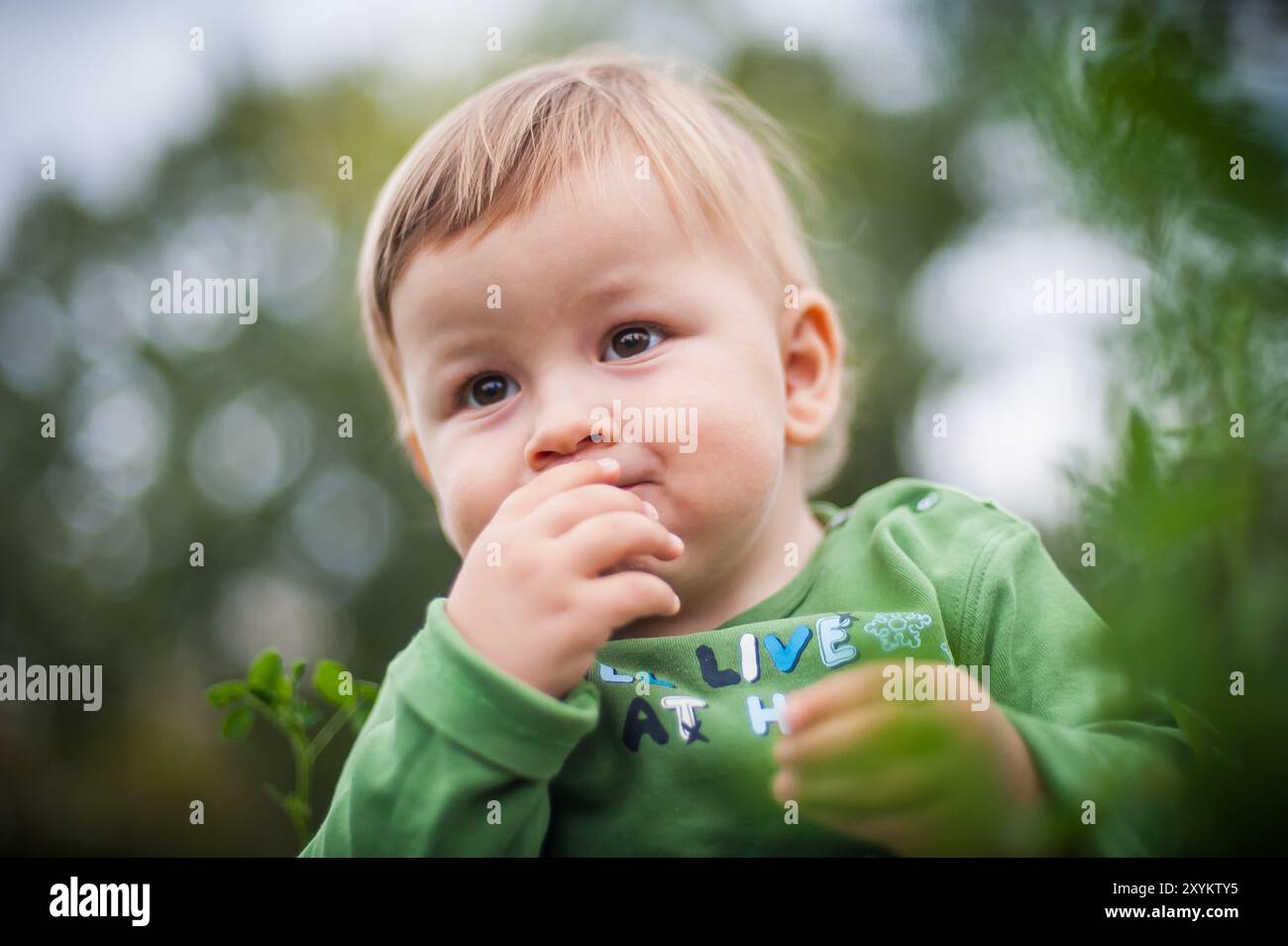 In mezzo a una vegetazione vibrante, un bambino gode tranquillamente del suo spuntino, osservando attentamente. La calda luce del sole aggiunge una tonalità dorata, esaltando l'atmosfera serena Foto Stock