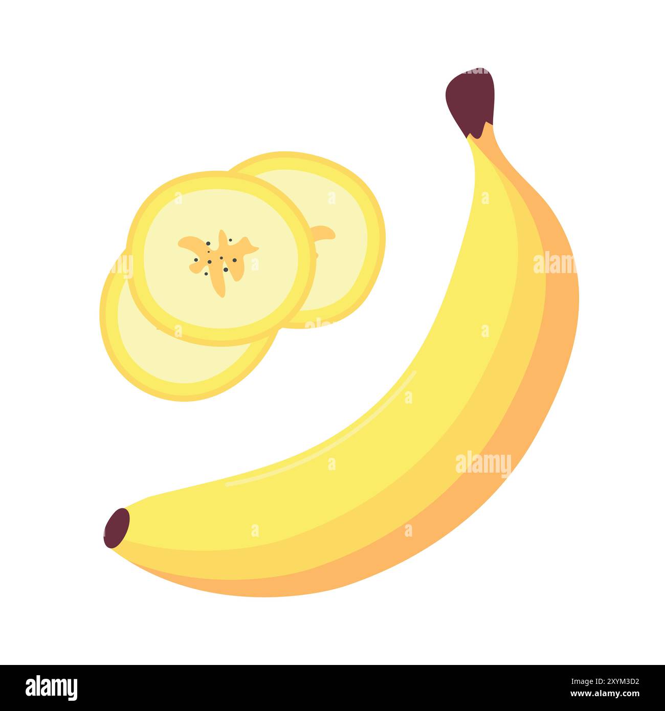 Frutta di banana con fette in stile piatto isolate su sfondo bianco. Banana cartoni animati. Illustrazione vettoriale Illustrazione Vettoriale