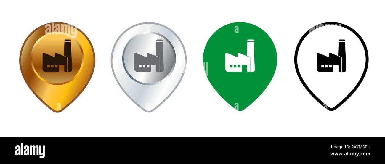 Factory Location (posizione di fabbrica) navigare localizzare il simbolo di posizione area industriale area di produzione direzione mappa progettazione set icone di raccolta Illustrazione Vettoriale