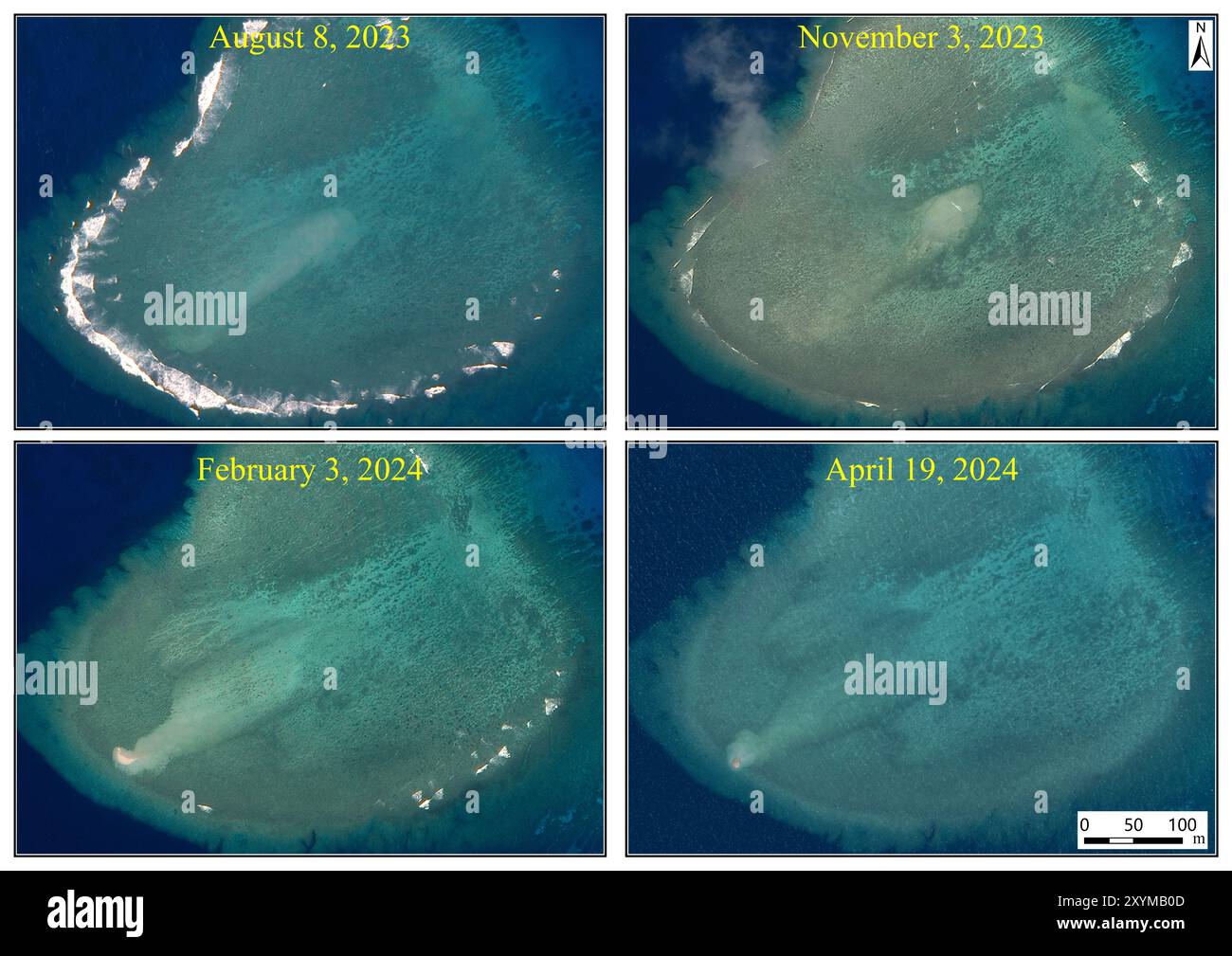 (240830) -- PECHINO, 30 agosto 2024 (Xinhua) -- questa foto combinata riportata in un rapporto intitolato "A Survey Report on the Coral Reef Ecosystem of Xianbin Jiao" mostra il numero 4 di Cay in costanti cambiamenti a Xianbin Jiao del Nansha Qundao cinese. L'ecosistema della barriera corallina a Xianbin Jiao, di Nansha Qundao in Cina, è generalmente sano, ha detto un rapporto pubblicato venerdì, che ha confutato la falsa accusa delle Filippine di sbiancamento corallino e morte nella regione. La relazione è redatta dal South China Sea Development Research Institute, dal South China Sea Ecological Center e dal South China Sea Survey Center Foto Stock