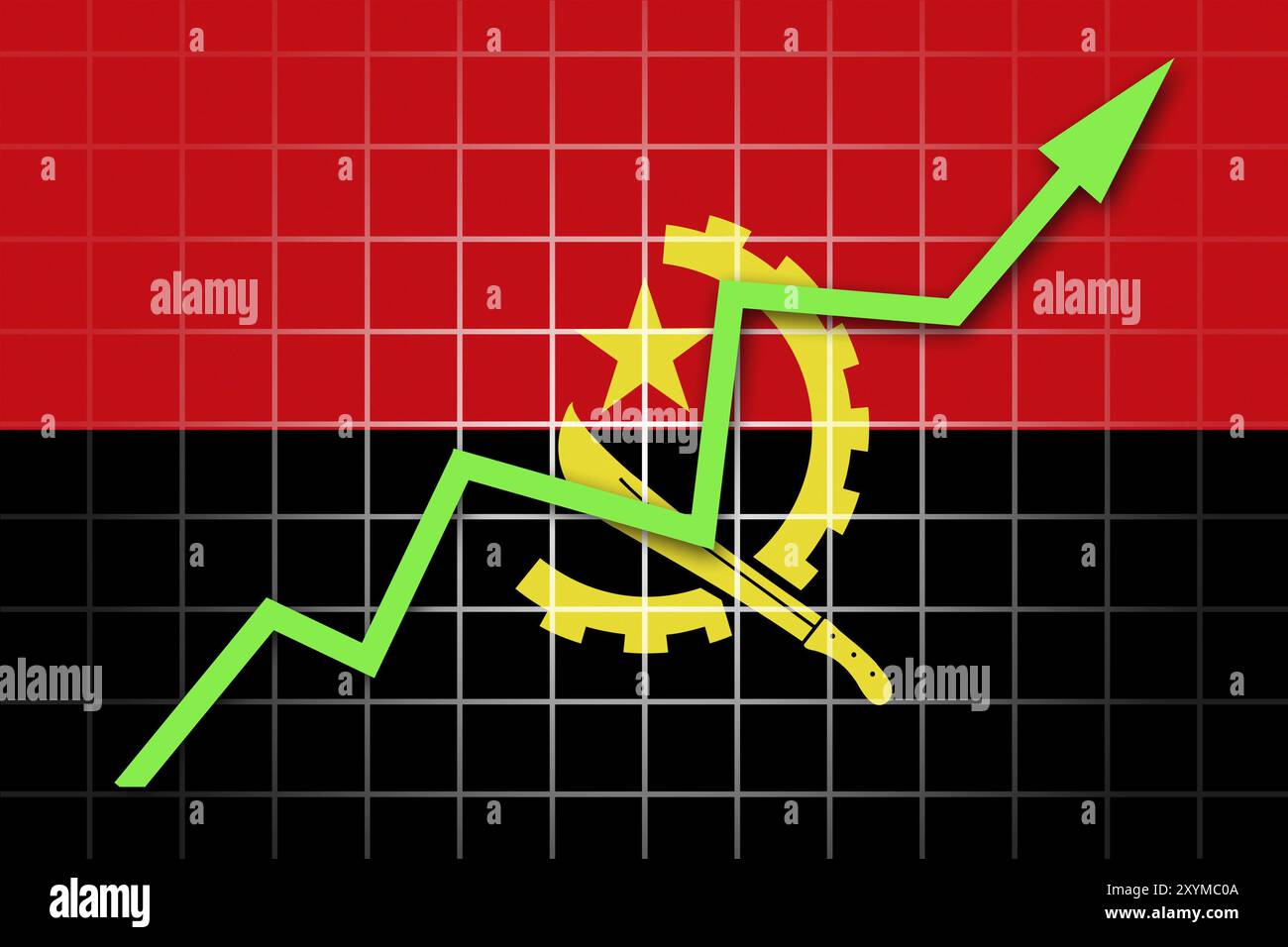 La bandiera e il grafico a freccia angolani che salgono verso l'alto Foto Stock
