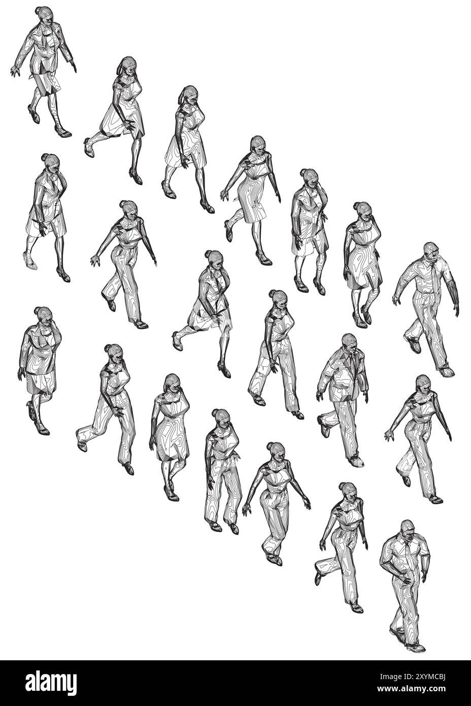 Ambientato con contorni di persone che camminano da linee nere isolate su sfondo bianco. Uomini e donne che camminano. Vista isometrica. Illustrazione vettoriale. 3D. Illustrazione Vettoriale