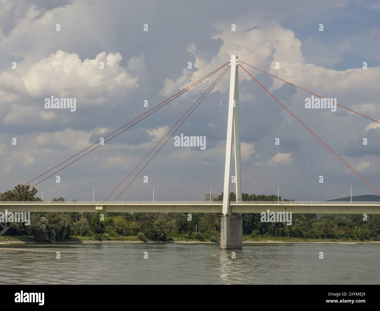 Ponte modernista sul fiume di fronte al cielo nuvoloso con strutture metalliche, bratislava, slovacchia Foto Stock