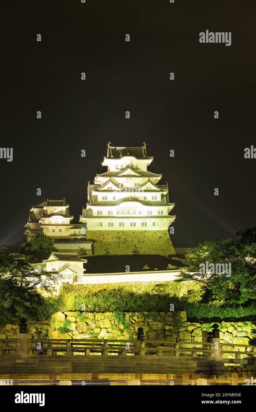 Vecchio ponte tradizionale in legno, mura in pietra nella parte anteriore centrale del proiettore illuminato sul castello Himeji-jo di notte a Himeji, Giappone dopo il 2015 Foto Stock