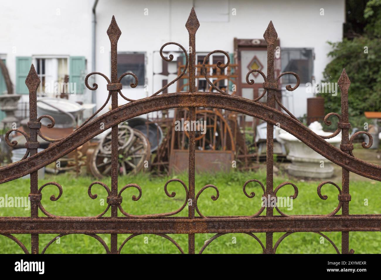 Recinzione di ferro arrugginita con punte Foto Stock