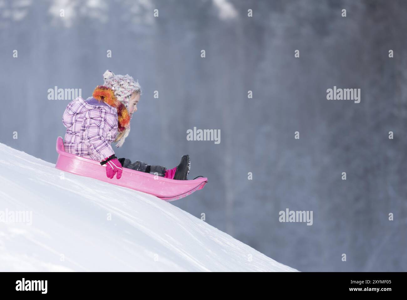 Bambina con giacca rosa e insegna colorata e slitta rosa che scende su una corsa di toboga. La bambina fa slittare in discesa e si diverte. Slitta rosa A. Foto Stock