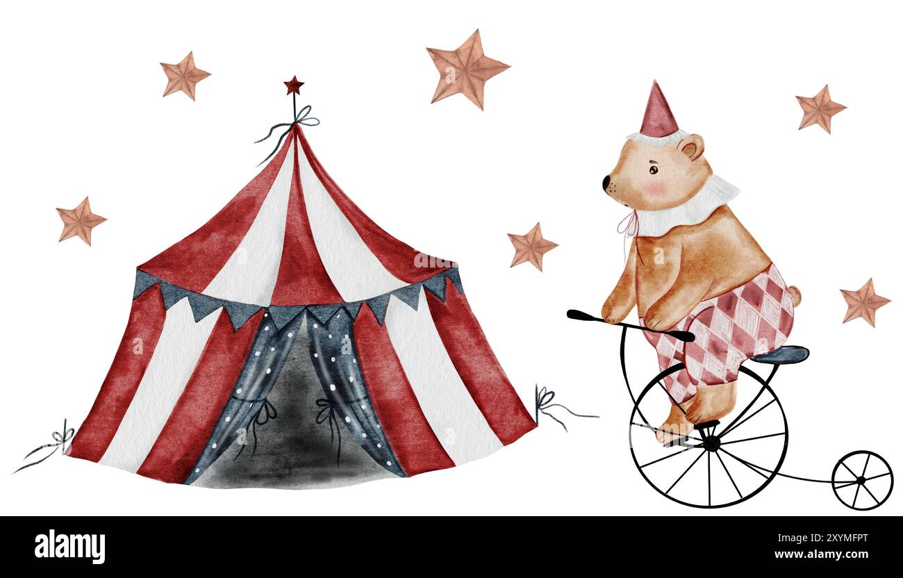 Acquerello dei cartoni animati Circus. Set disegnato a mano di tenda da circo, orso su bicicletta e stelle. Illustrazioni di kawaii con la clip art. Ideale per il design di cartoline e. Foto Stock