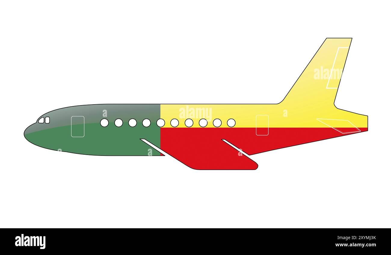 La bandiera del Benin dipinta sulla silhouette di un aereo. illustrazione lucida Foto Stock