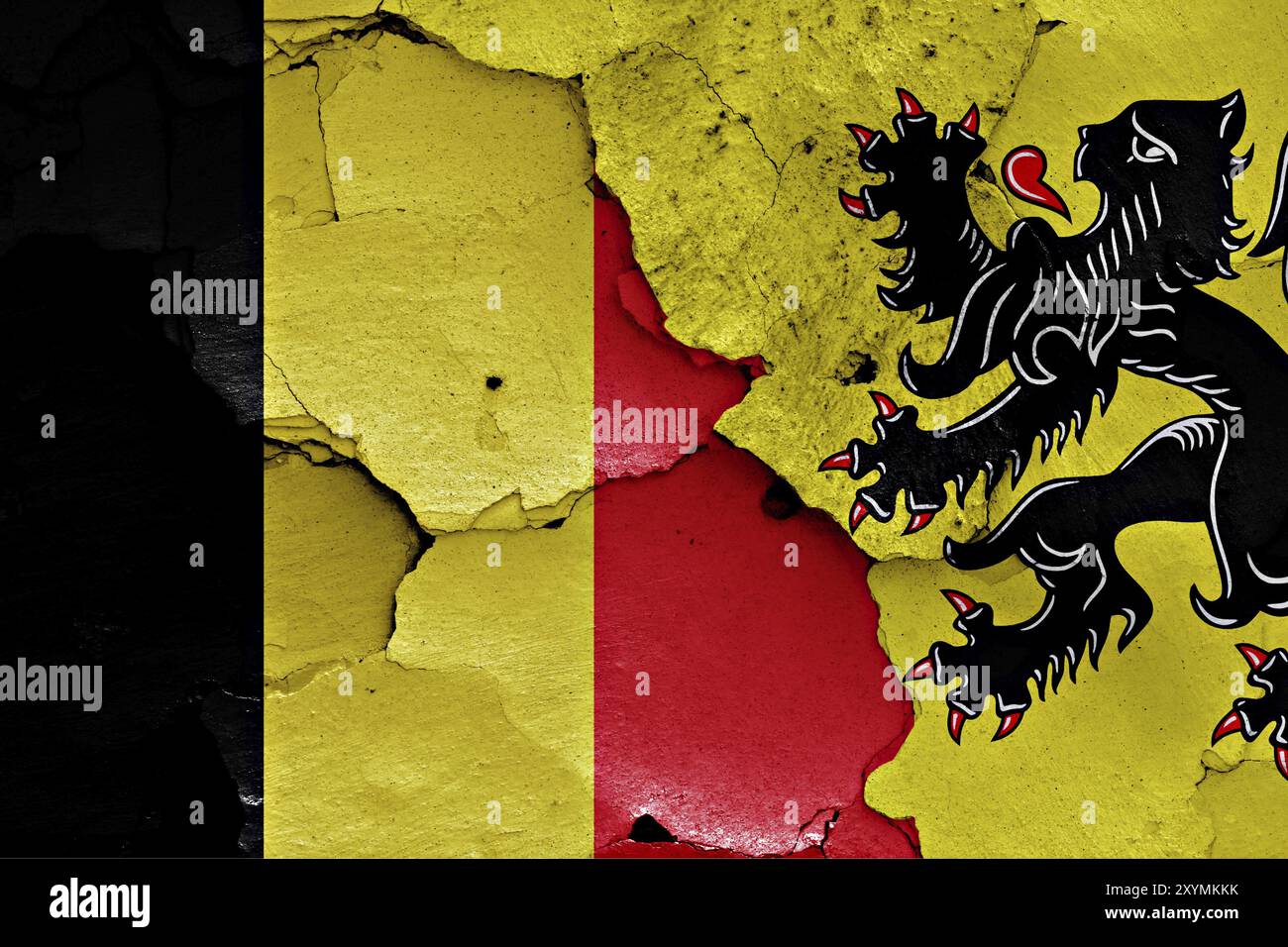 Bandiere del Belgio e delle Fiandre dipinte su un muro incrinato Foto Stock