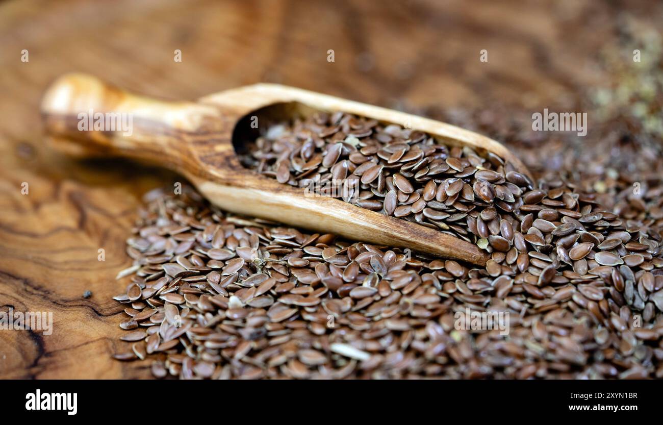 Lino comune (Linum usitatissimum), semi di lino su una paletta di legno Foto Stock