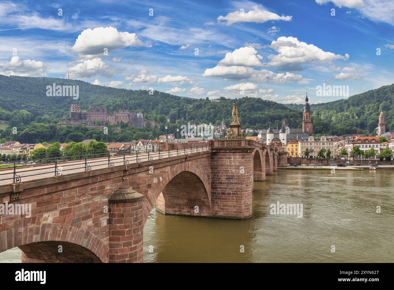 Heidelberg Germania, skyline della città al Palazzo Heidelberg e fiume Neckar con ponte vecchio Foto Stock