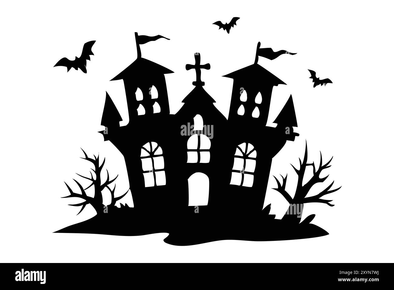 Silhouette nera di casa infestata con pipistrelli isolati su sfondo bianco. Concetto di decorazione spettrale, castello infestato, stile minimalista, villa spettrale, design di Halloween. Stampa, elemento di design Illustrazione Vettoriale