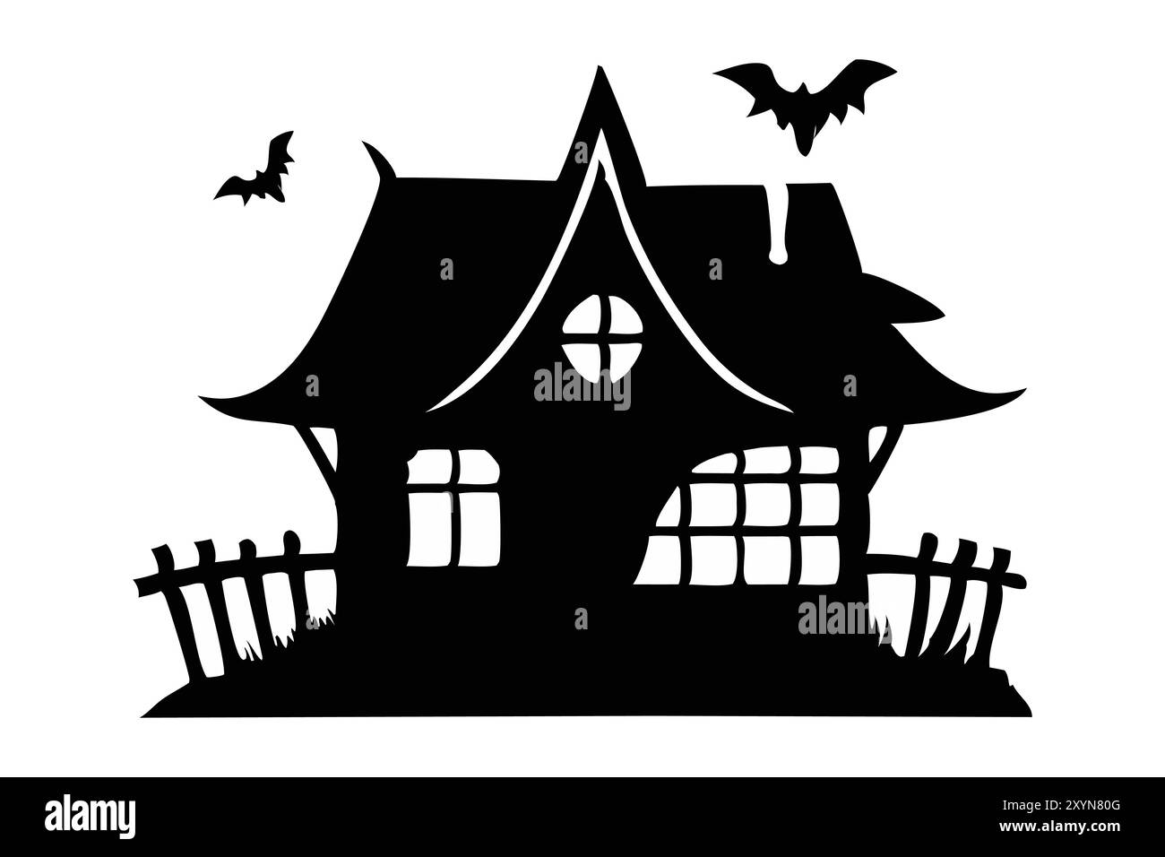 Silhouette nera di casa infestata con pipistrelli isolati su sfondo bianco. Concetto di decorazione spettrale, castello infestato, stile minimalista, villa spettrale, design di Halloween. Stampa, elemento di design Illustrazione Vettoriale