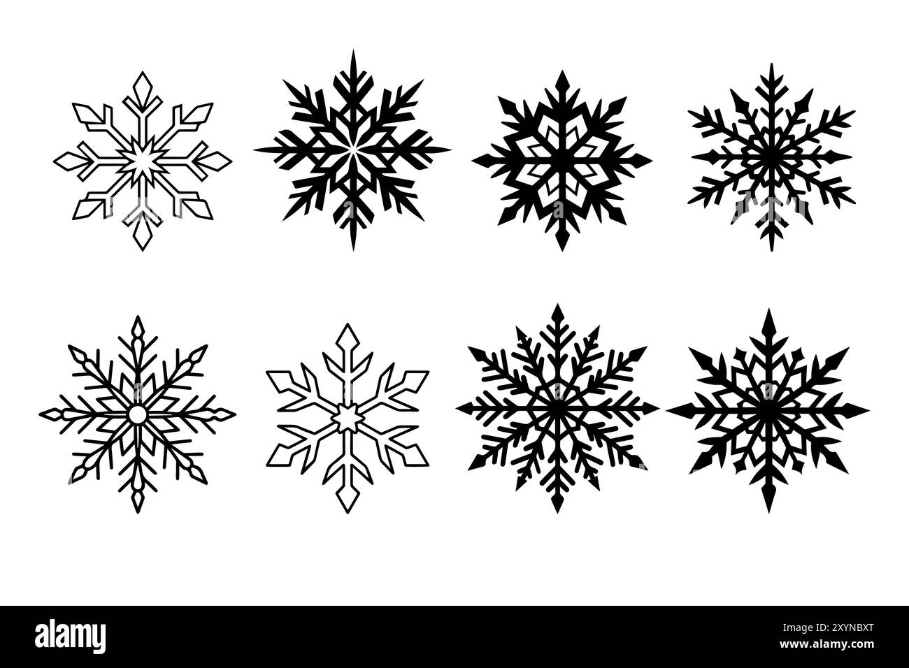 Set di silhouette invernali con contorno nero. Diversi tipi di fiocchi di neve. Isolato Illustrazione Vettoriale