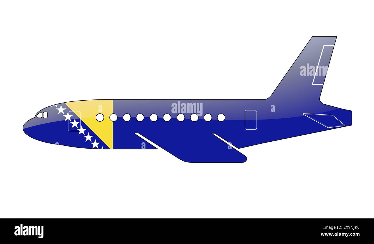 La bandiera della Bosnia ed Erzegovina dipinta sulla sagoma di un aereo. illustrazione lucida Foto Stock