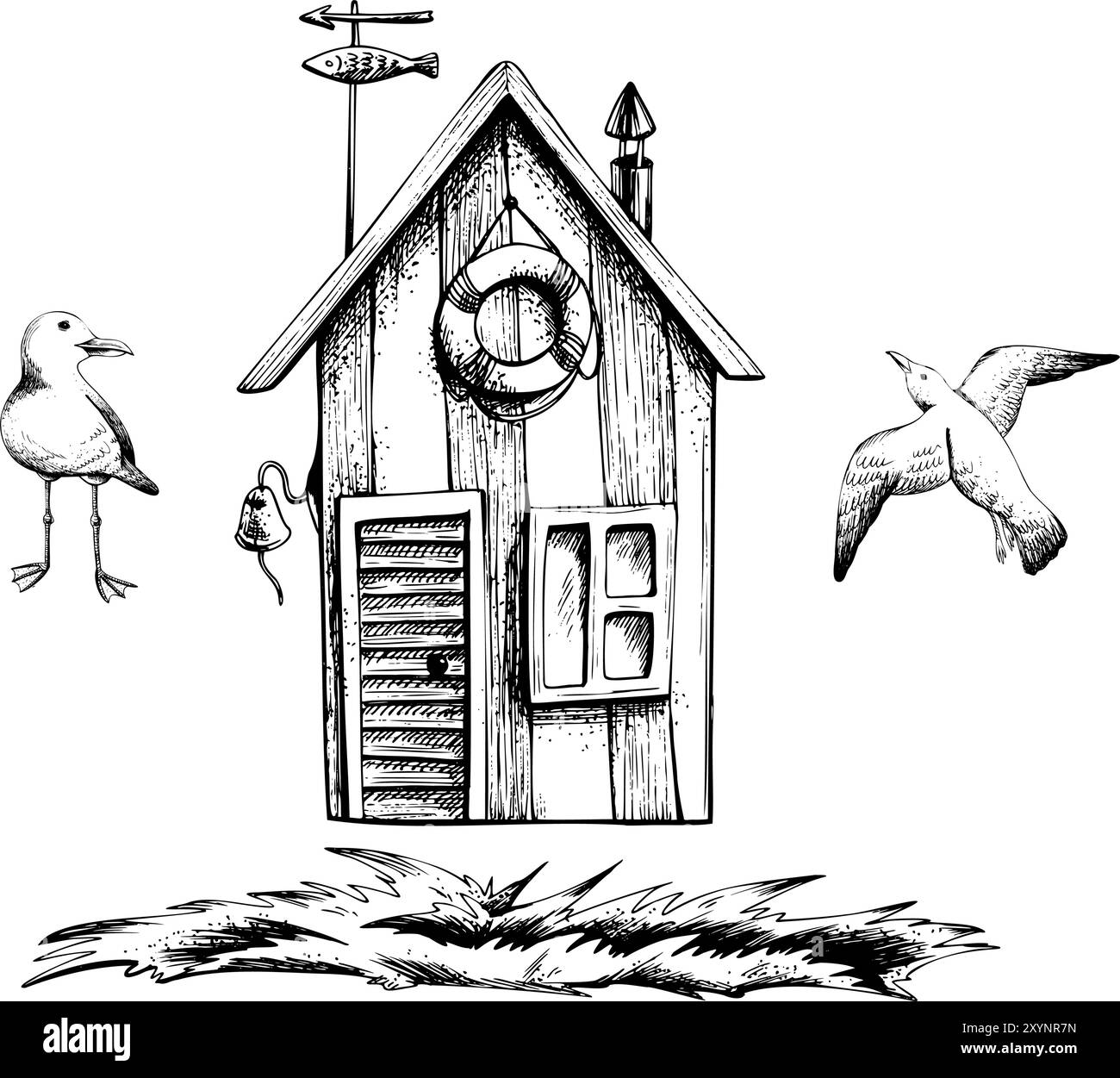 Cabina da pesca, casa, capanna con gabbiano ed erba. Grafica lineare, disegnata a mano in bianco e nero monocromatico. Clip art nautica marina, set di Illustrazione Vettoriale