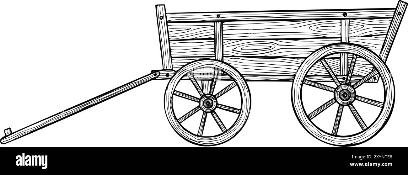 Illustrazione vettoriale di un carro in legno rustico. Disegno del carrello d'epoca per l'azienda agricola e il raccolto su sfondo isolato. Incisione del trasporto vecchio paese rétro con ruota per gli agricoltori. Veicolo rurale. Illustrazione Vettoriale