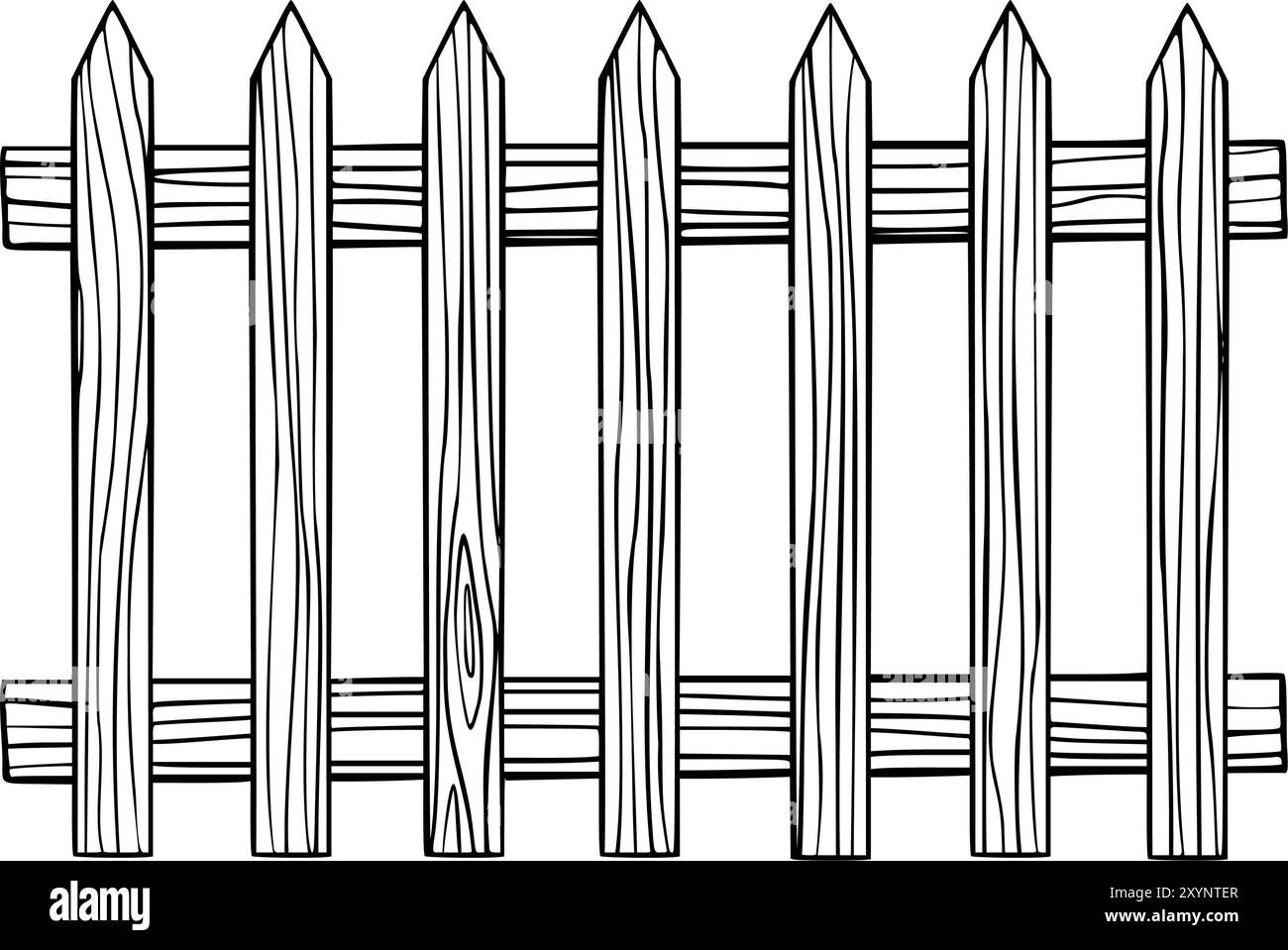 Illustrazione vettoriale legno rustico per recinzione in legno a picchetto su sfondo isolato. Disegno del profilo della campagna decorazione di una fattoria all'aperto. Incisione nera del vecchio confine in tavole di legno. Illustrazione Vettoriale