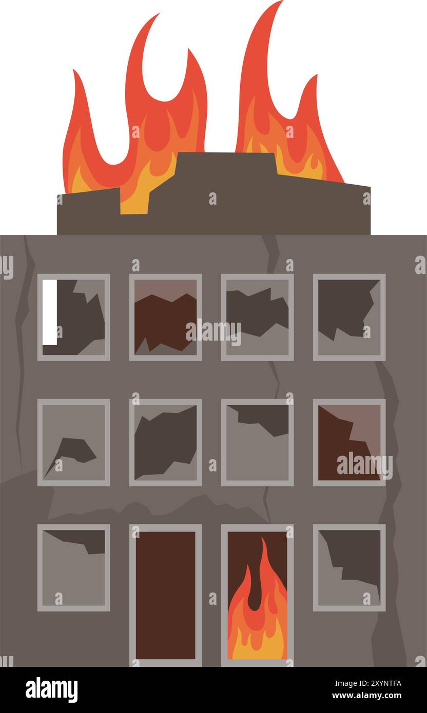 Edificio distrutto in fiamme, isolato su sfondo bianco Illustrazione Vettoriale