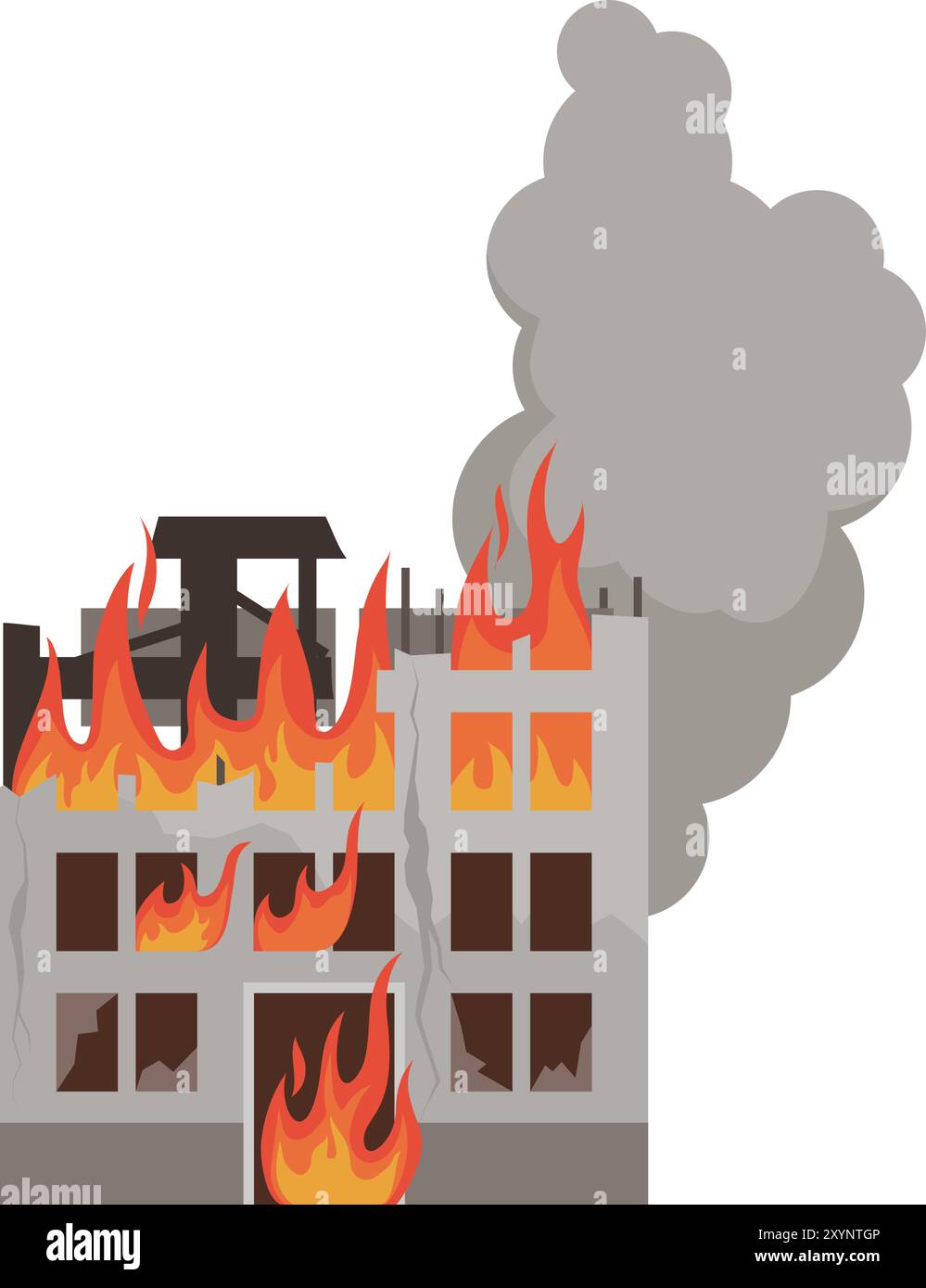 Edificio distrutto in fiamme, isolato su sfondo bianco Illustrazione Vettoriale
