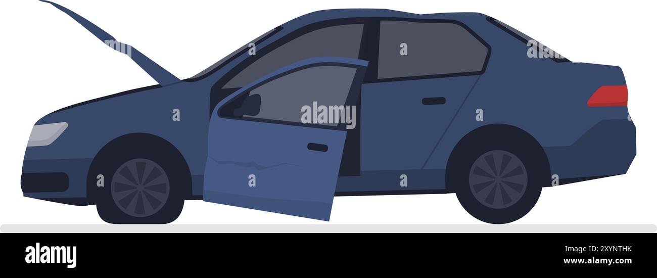 Veicolo distrutto dopo un incidente, assicurazione auto e concetto di servizio di emergenza Illustrazione Vettoriale