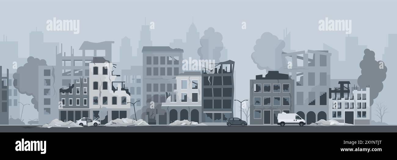 Panorama di una città abbandonata distrutta: Concetto di catastrofe, guerra e terremoto Illustrazione Vettoriale