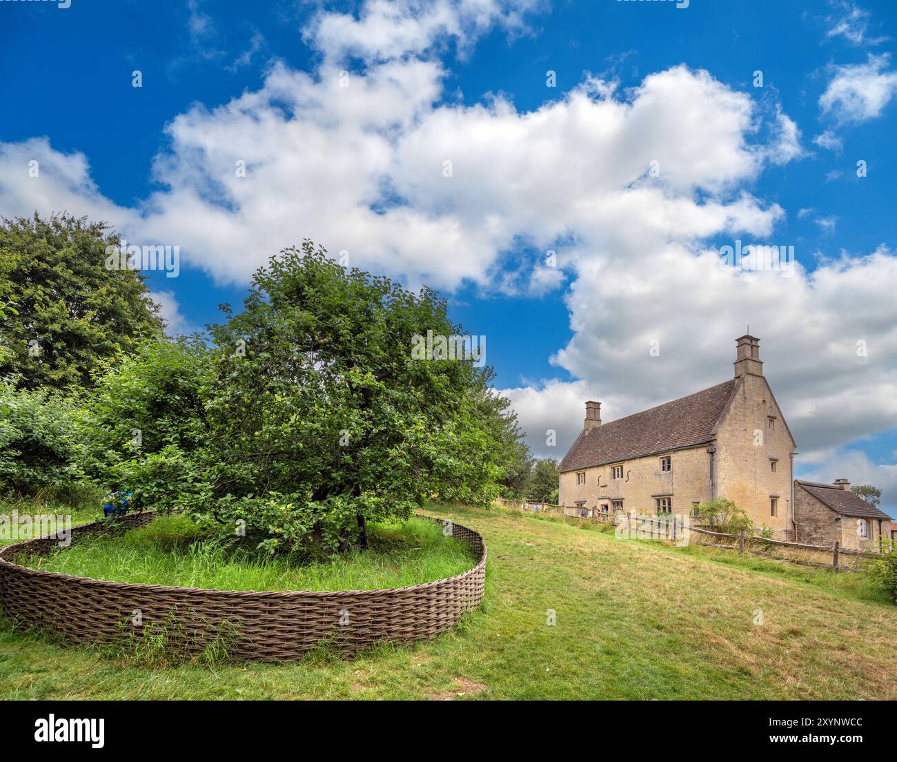 Woolsthorpe Manor, la casa di famiglia di Sir Isaac Newton, con l'albero di mele di Newton in primo piano, vicino a Grantham, Lincolnshire, Inghilterra, Regno Unito Foto Stock