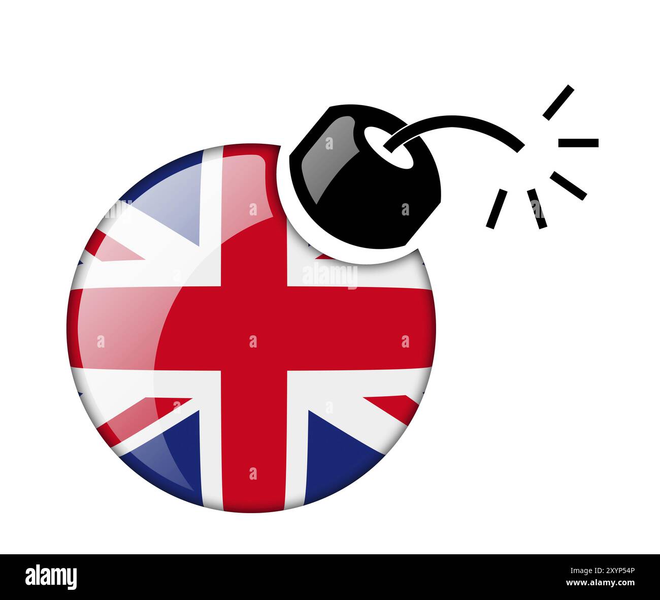La bandiera britannica sotto forma di luccicante icona bomba. Isolato Foto Stock