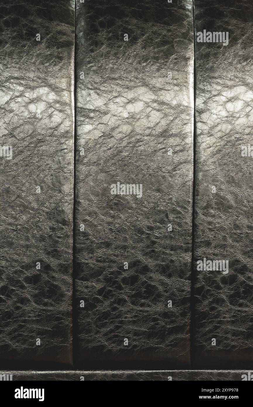 La consistenza della vera pelle sul retro del letto. Le strisce verticali della pelle sono nere. Costosa lucentezza della pelle artificiale Foto Stock