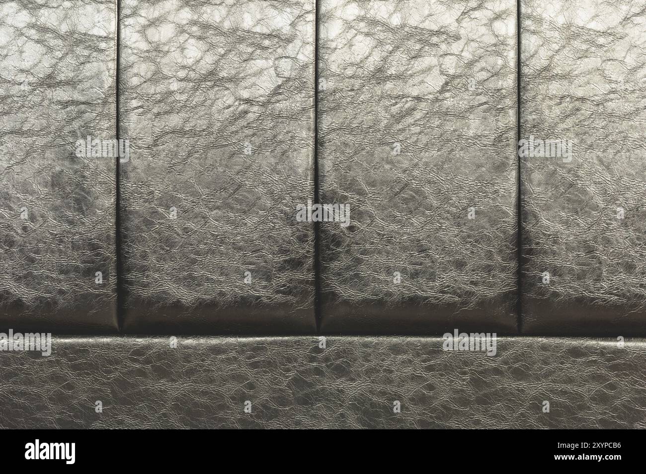 La consistenza della vera pelle sul retro del letto. Le strisce verticali della pelle sono nere. Costosa lucentezza della pelle artificiale Foto Stock