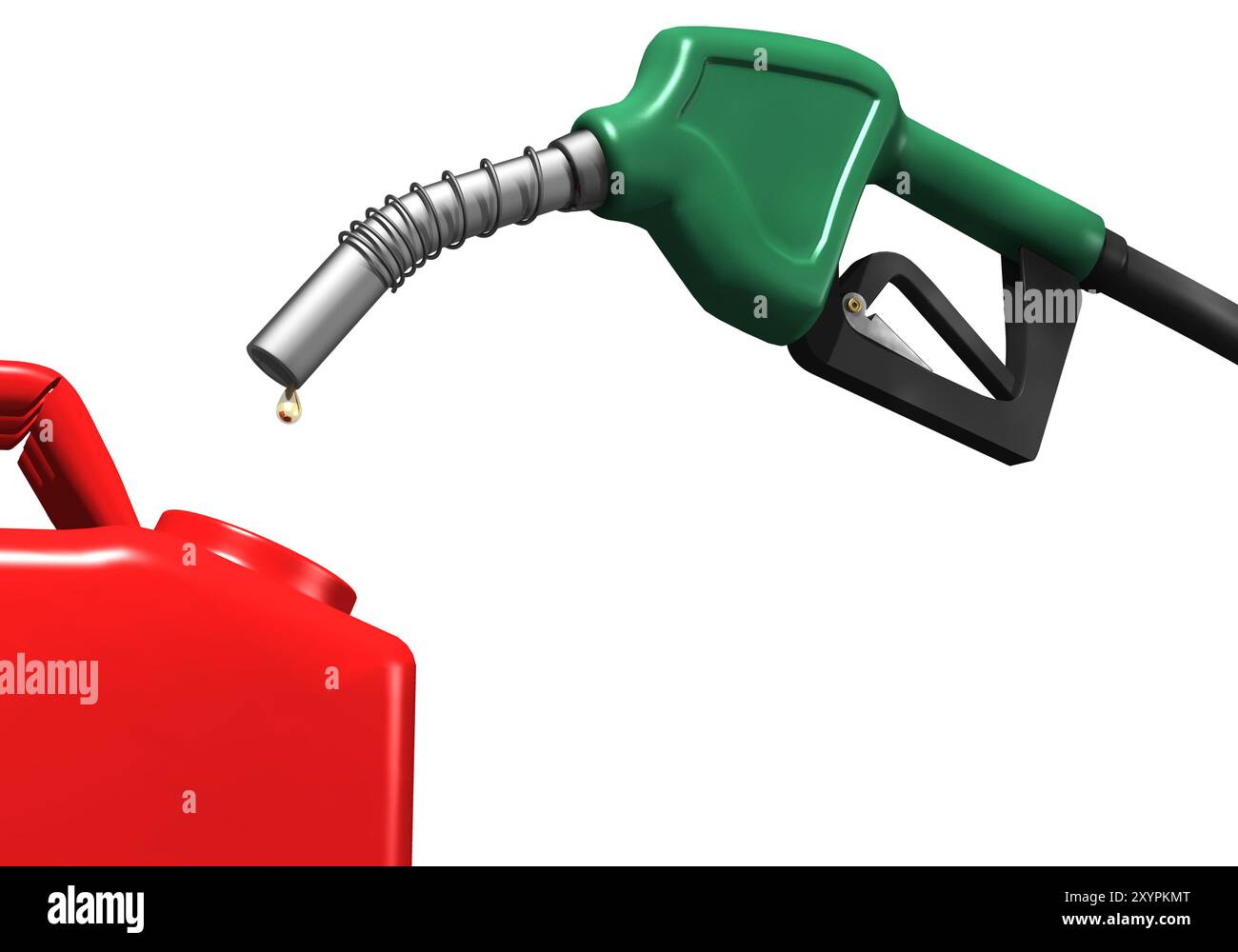 Le ultime gocce di benzina che fuoriescono dall'ugello di una stazione di servizio in un contenitore. Illustrazione isolata su sfondo bianco Foto Stock