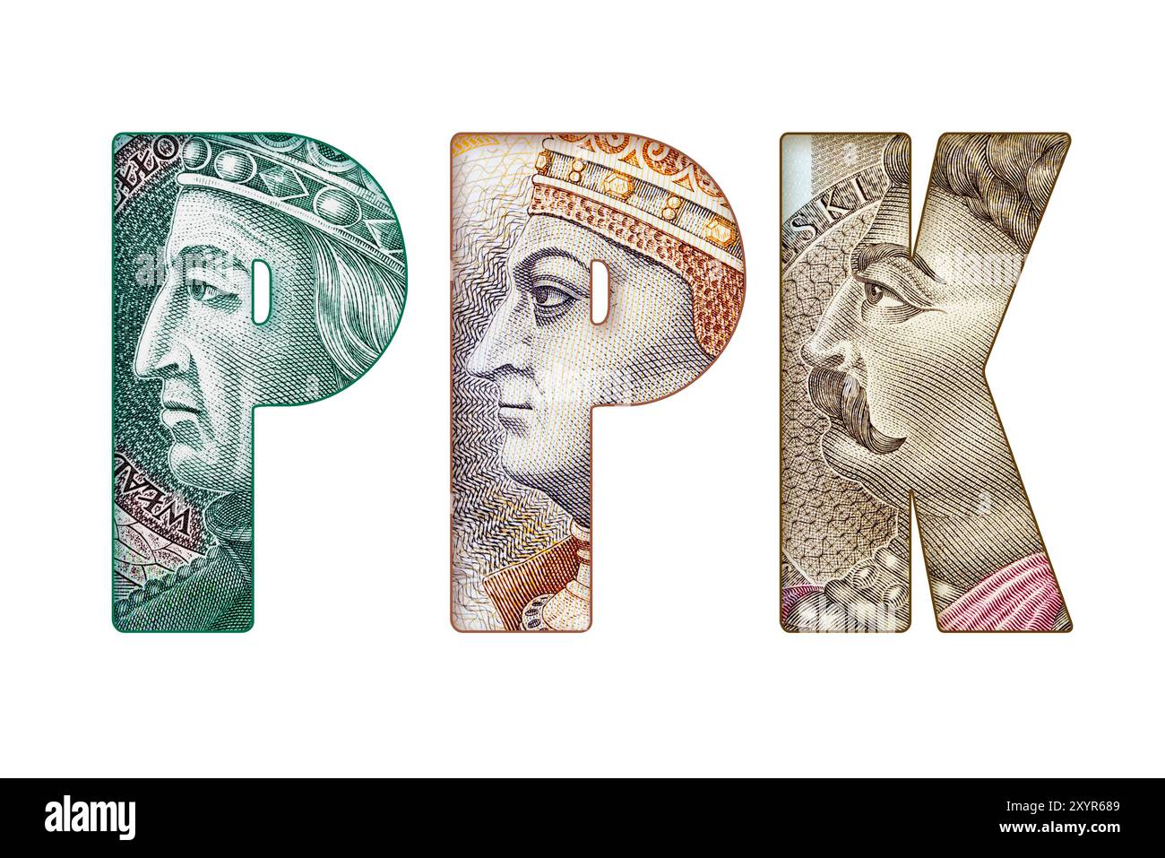 Iscrizione PPK (Employee Capital Plans) testo fatto di banconote polacche isolate su sfondo bianco Foto Stock