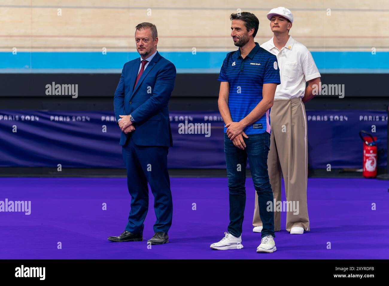 Parigi, Francia. 29 agosto 2024. PARIGI, FRANCIA - AGOSTO 29: Andrew Parsons, presidente del Comitato Paralimpico Internazionale e Tony Estanguet, presidente del Comitato organizzatore dei Giochi Olimpici e Paralimpici di Parigi 2024 durante il primo giorno di Para Cycling - Track - Giochi Olimpici Parigi 2024 al Velodromo di Saint-Quentin-en-Yvelines il 29 agosto 2024 a Parigi, Francia. (Foto di Joris Verwijst/Agenzia BSR) credito: Agenzia BSR/Alamy Live News Foto Stock