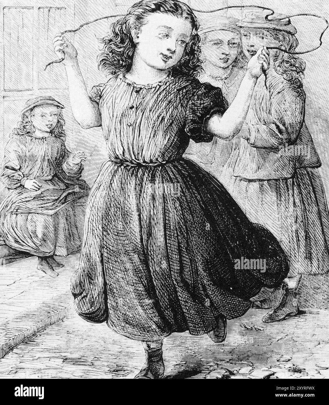 Una ragazza in epoca vittoriana che gioca con una corda per saltare, intorno al 1880 Foto Stock