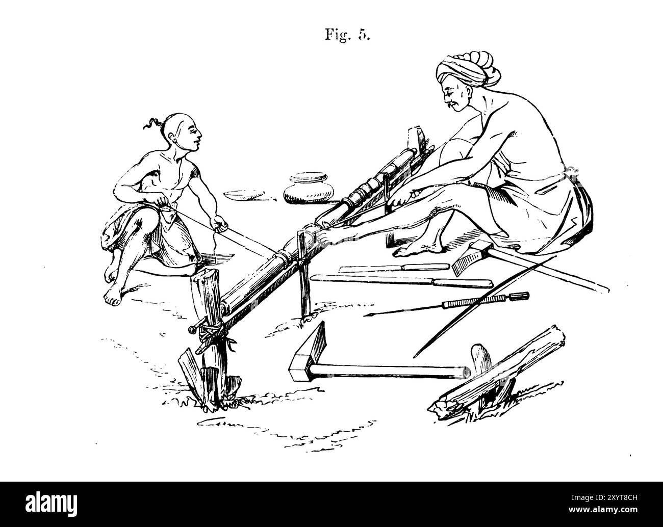 Tornio indiano, illustrazione. Da "tornitura e manipolazione meccanica intesa come opera di riferimento generale e di istruzione pratica sul tornio, e le varie attività meccaniche seguite da dilettanti", volume 4 di Charles Holtzapffel (1850). Foto Stock