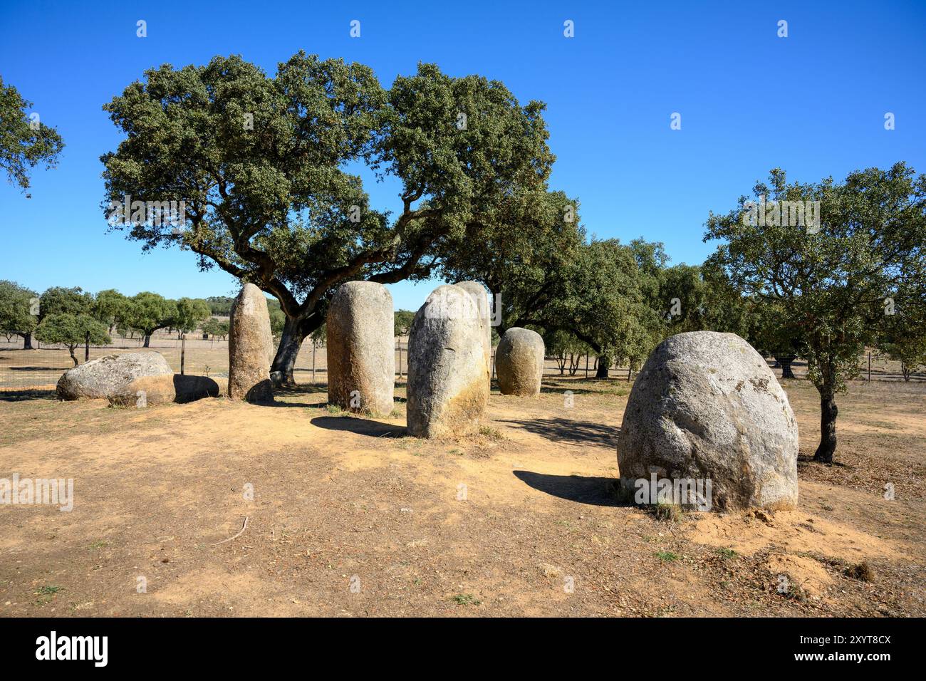Vale Maria do Meio Cromlech, un cerchio di pietre megalitiche nella regione dell'Alentejo in Portogallo. Si pensa che risalga al quinto millennio a.C. o prima. Foto Stock