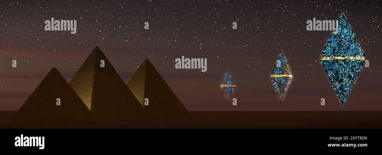 Illustrazione di oggetti volanti non identificati (UFO) che si innalzano sopra le piramidi di Giza, Egitto. Foto Stock