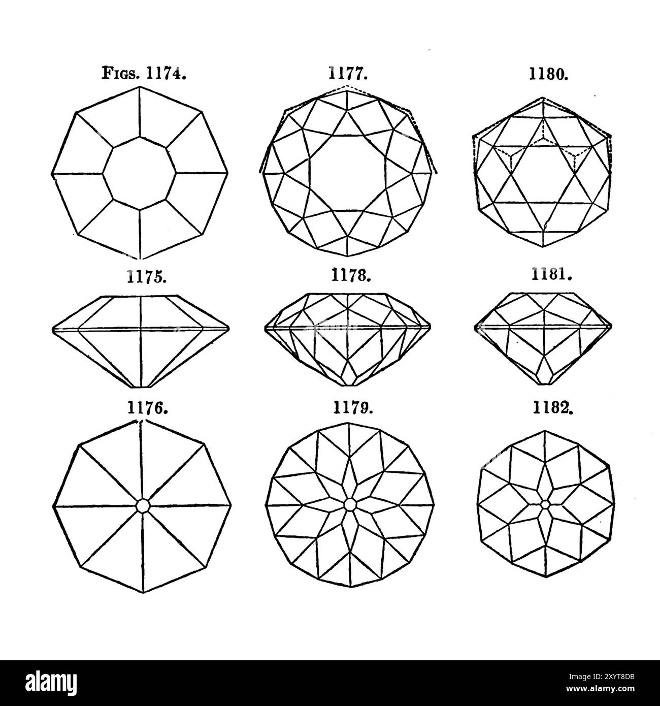 Rosa, tagli quadrati e brillanti, illustrazione. Da "tornitura e manipolazione meccanica intesa come un'opera di riferimento generale e di istruzione pratica sul tornio, e i vari inseguimenti meccanici seguiti da dilettanti", volume 3, di Charles Holtzapffel (1850). Foto Stock