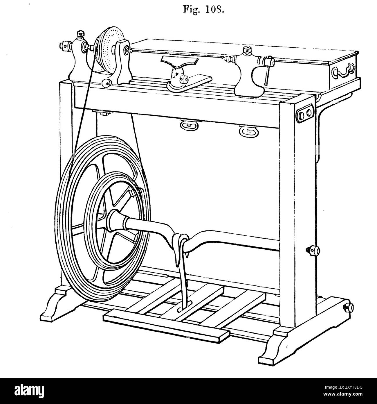 Tornio centrale montato su portanti in ferro, illustrazione. Da "tornitura e manipolazione meccanica intesa come opera di riferimento generale e di istruzione pratica sul tornio, e le varie attività meccaniche seguite da dilettanti", volume 4 di Charles Holtzapffel (1850). Foto Stock