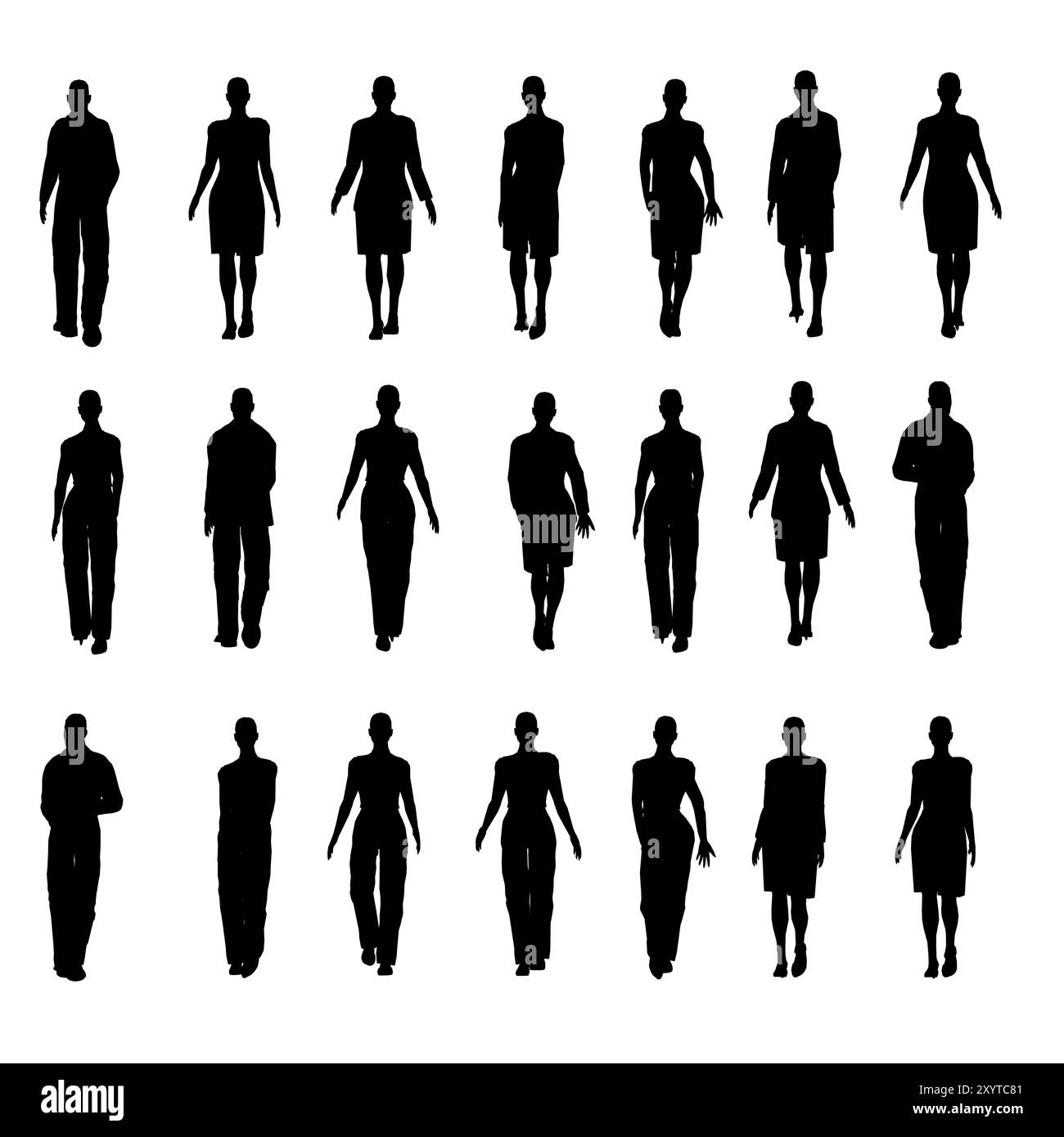 Ambientato con la silhouette di persone che camminano isolate su sfondo bianco. Uomini e donne che camminano. Illustrazione vettoriale. Illustrazione Vettoriale