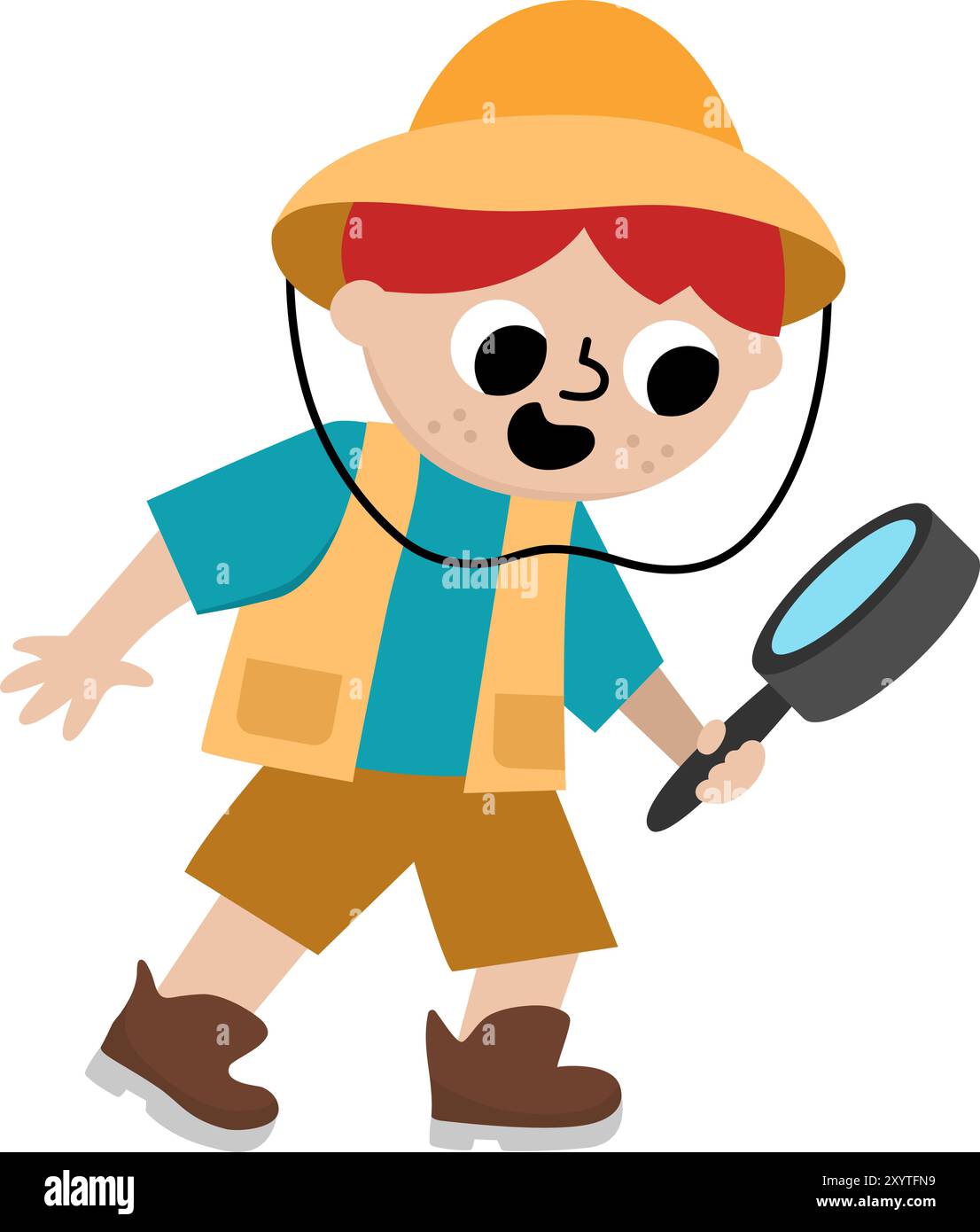 Icona del paleontologo vettoriale. Cartoni animati curioso archeologo ragazzo clipart in cappello e stivali marroni con aspetto vetro. Scavi o scavi di dinosauri storici Illustrazione Vettoriale