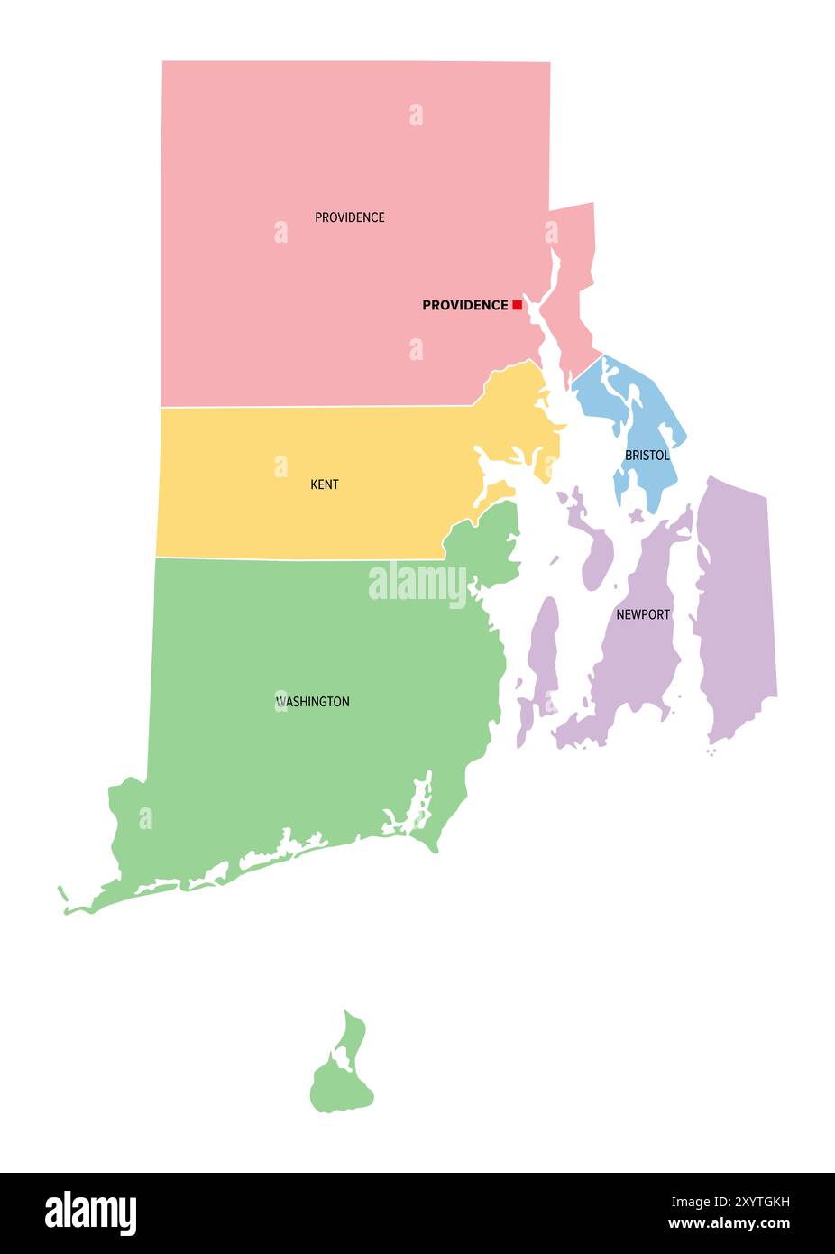 Rhode Island, stato degli Stati Uniti, suddiviso in 5 contee, mappa politica multicolore con la capitale Providence e confini. Foto Stock