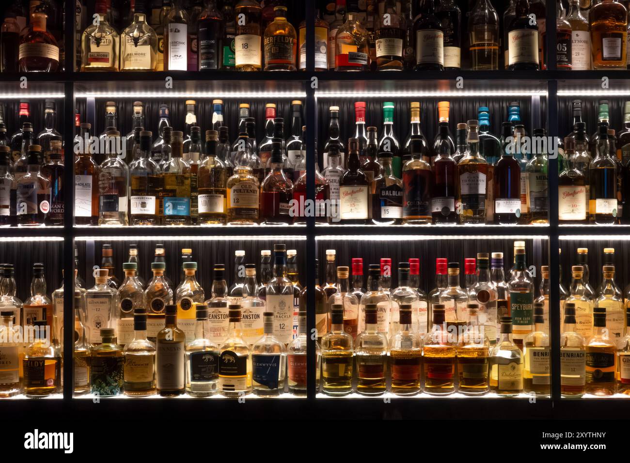 Inverness, Scozia - 12 agosto 2024: Scaffali di bottiglie di whisky scozzese in un moderno dark bar o pub Foto Stock