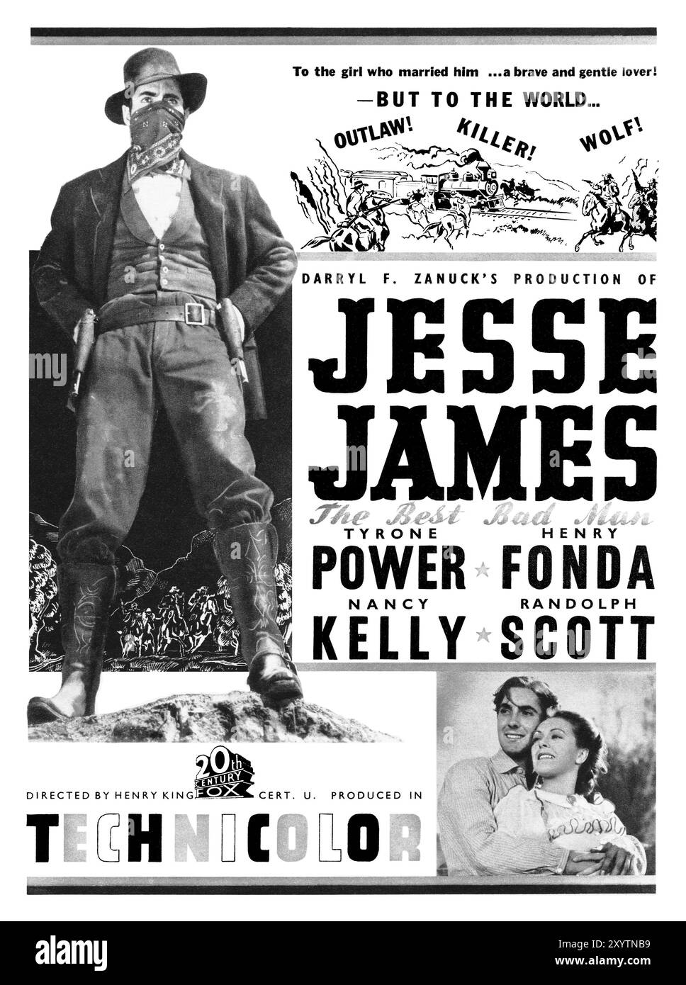 1939 pubblicità britannica per il film della 20th Century Fox Technicolor Jesse James, con Tyrone Power, Henry fonda, Nancy Kelly e Randolph Scott. Diretto da Henry King e Irving Cummings, prodotto da Darryl F. Zanuck. Foto Stock