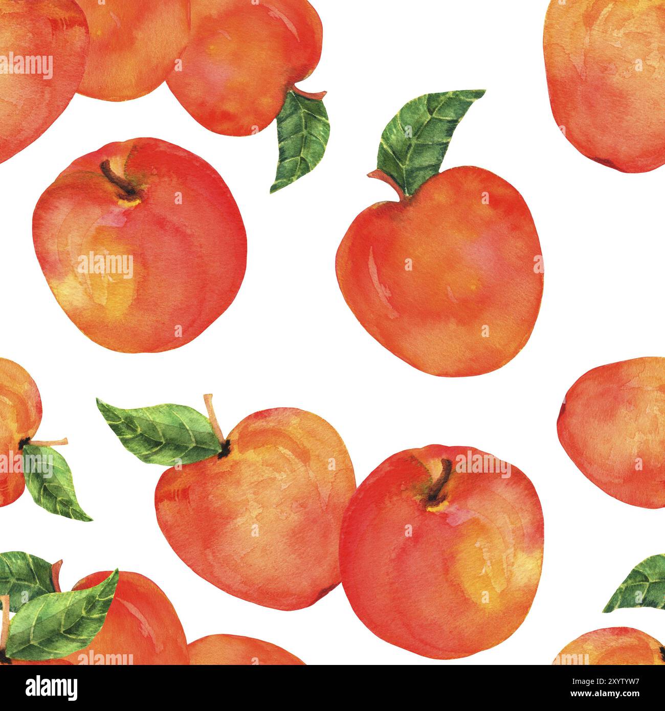 Un acquerello seamless pattern con vibrante mele rosse su uno sfondo bianco, vegano ripeti stampa Foto Stock