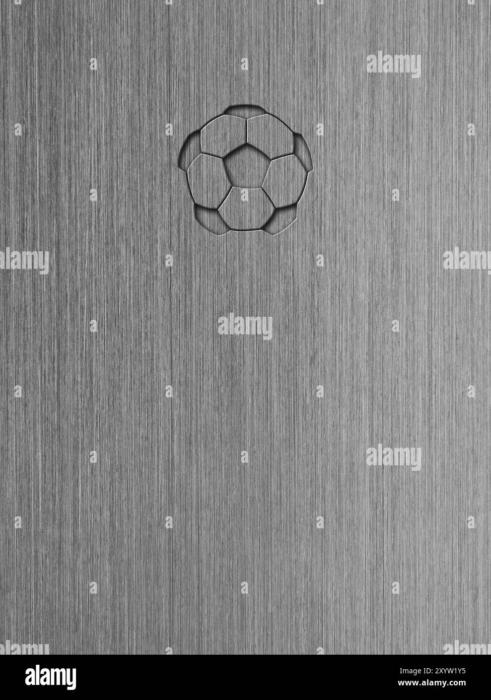 Macro shot in alluminio spazzolato, metallo texture di sfondo goffrato con soccer icona a sfera Foto Stock