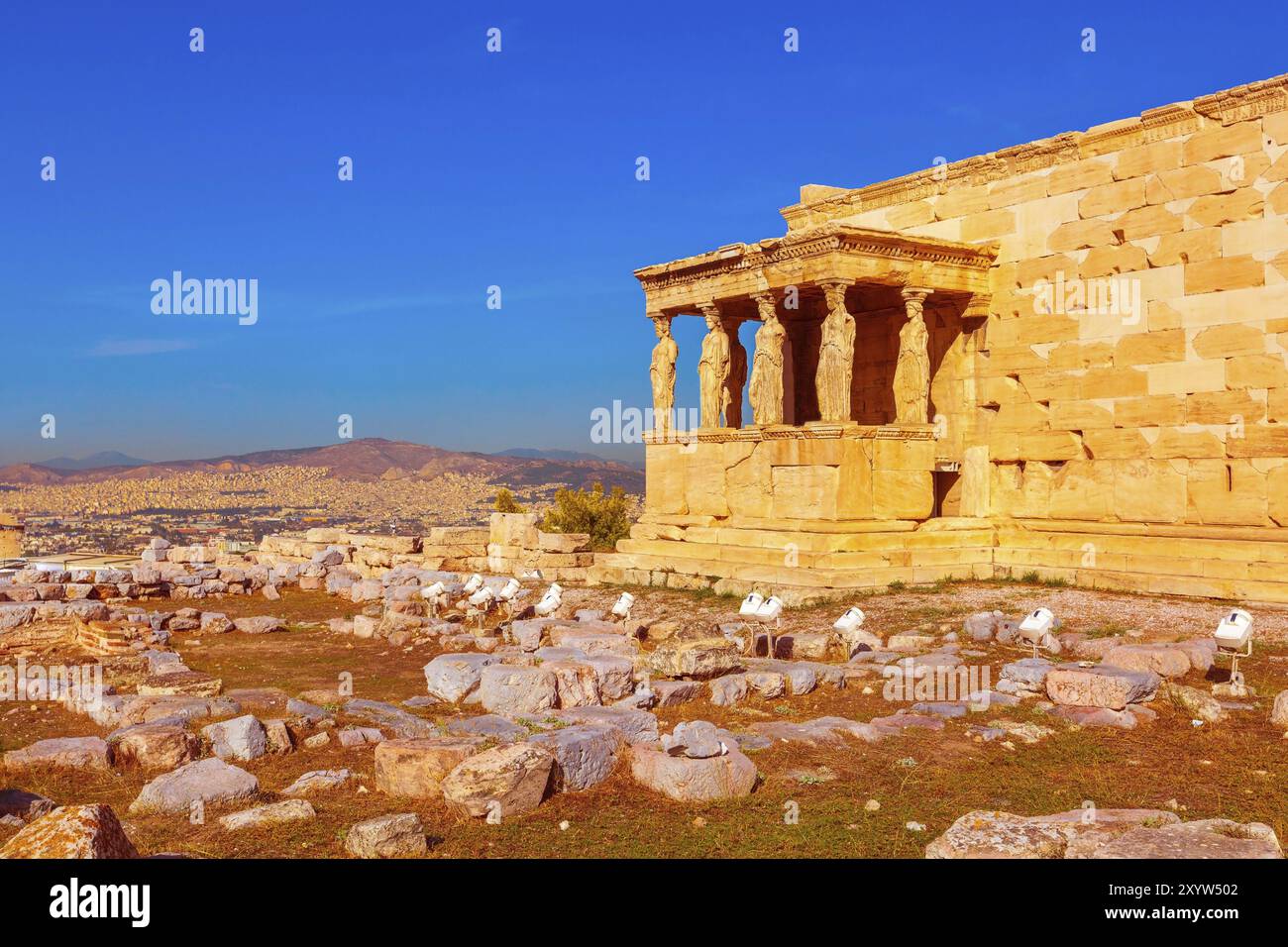 Statue cariatidi sul Partenone sull'Acropoli, Atene, Grecia, Europa Foto Stock