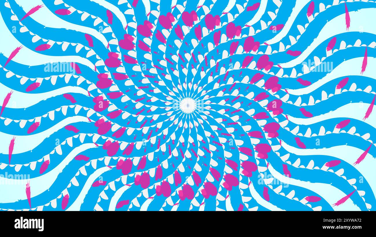 Una vivace illustrazione astratta con nastri blu turbolenti con dettagli rosa e bianchi che formano un ipnotico motivo a spirale. Il progetto crea un d Illustrazione Vettoriale